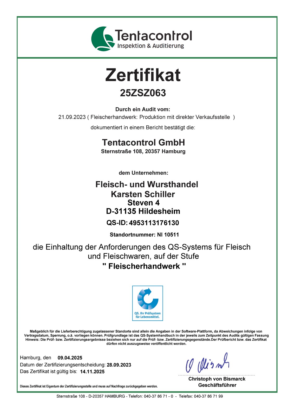 Fleisch und Wursthandel Karsten Schiller QS Zertifikat 25ZSZ063 2025 09 04