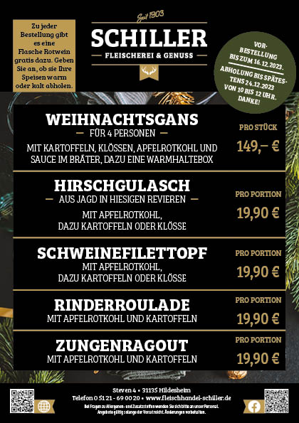 Weihnachtsmenüs bestellen bis 16.12.23